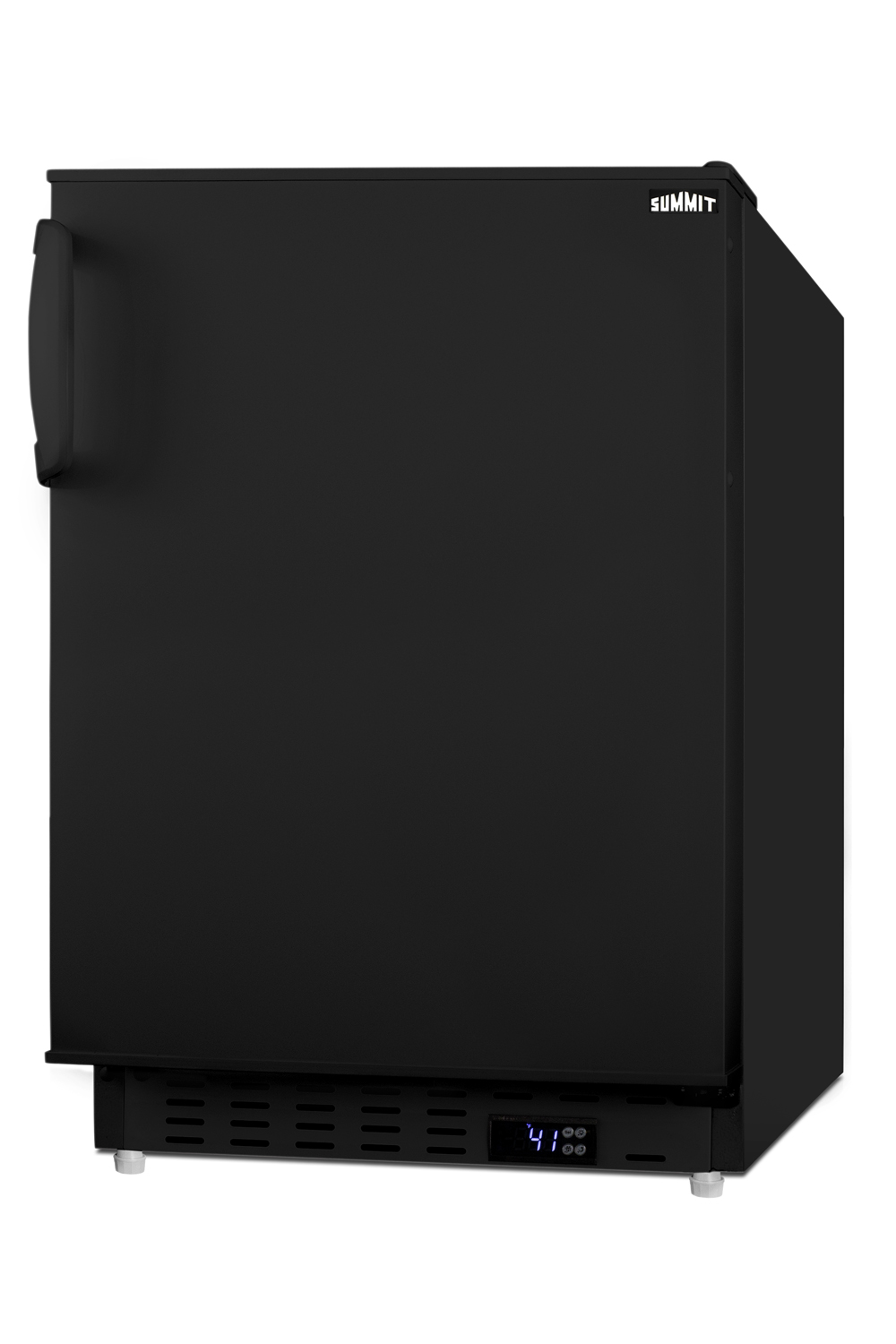 Built-in undercounter ADA compliant residential all-refrigerator in black with door storage and automatic defrost operation